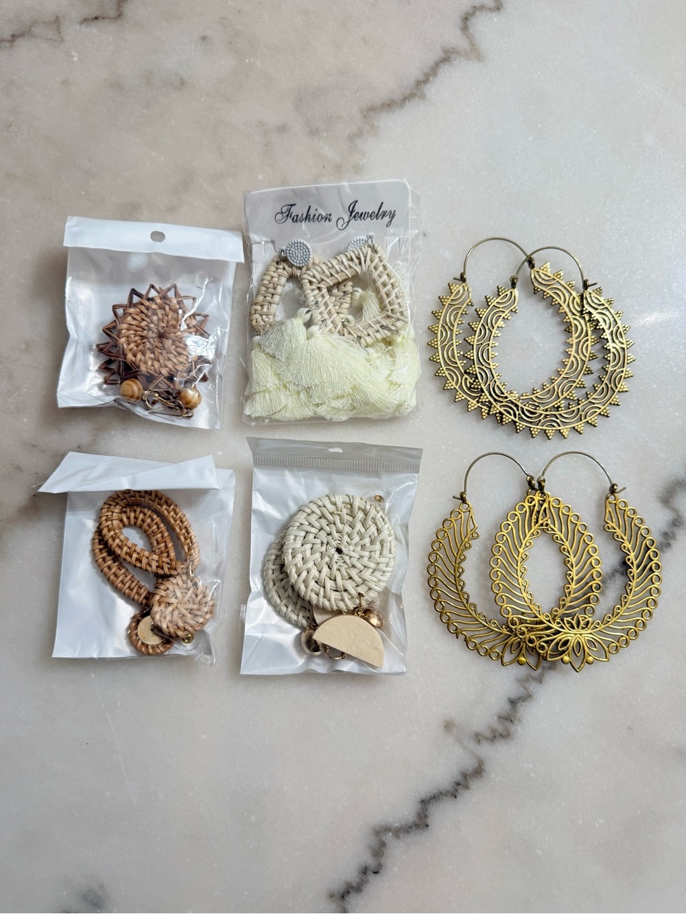 Fashion Jewelry Cream and Gold Boho Hoop Earrings - Set of 6